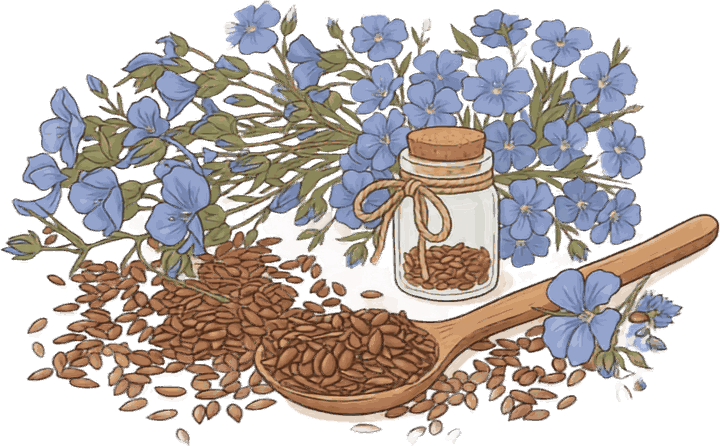 Flax flowers, seeds, a glass jar and wooden spoon